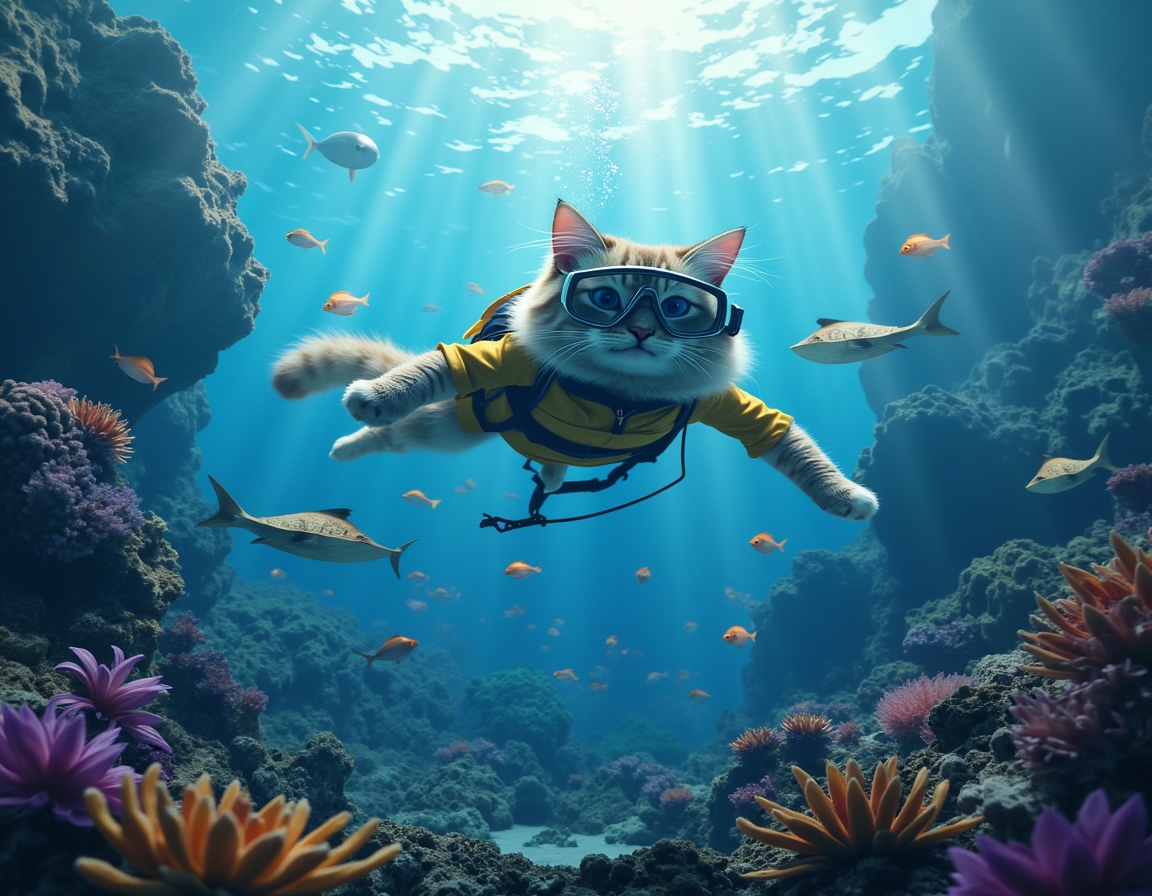 Cat in a wetsuit and diving mask swims through a vibrant underwater scene, surrounded by glowing jellyfish, colorful fish, and coral reefs illuminated by sunlight.